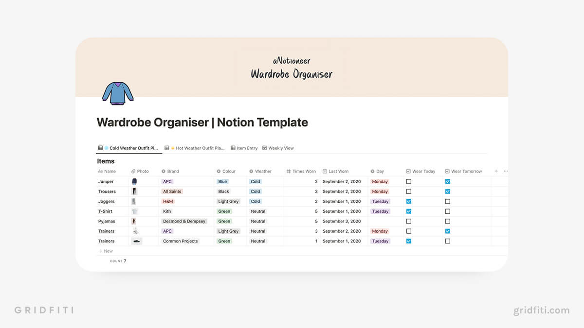 Notion Wardrobe Organizer Template