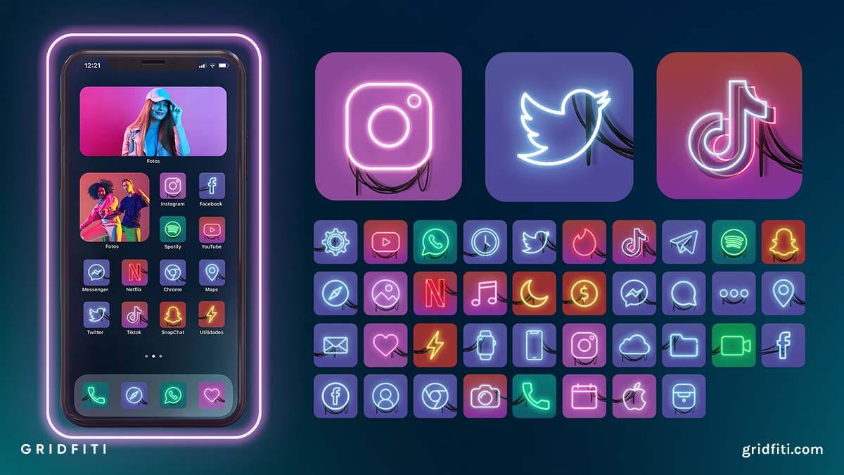 Download Free Purple Neon App Icons - Neon Aesthetic iOS Icons