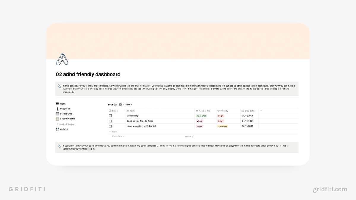 Simple Notion ADHD Dashboard Template