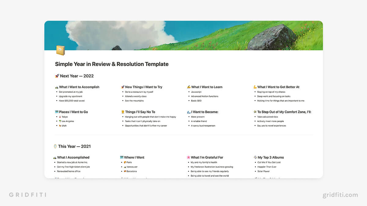 Free Notion Year in Review Template
