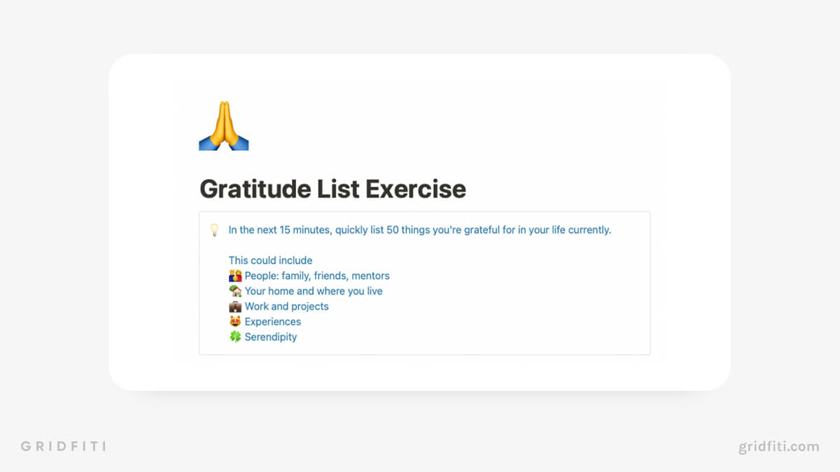 Notion Gratitude List Exercise