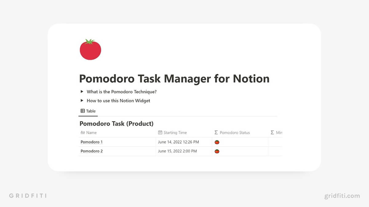 Pomodoro Task Manager Template for Notion