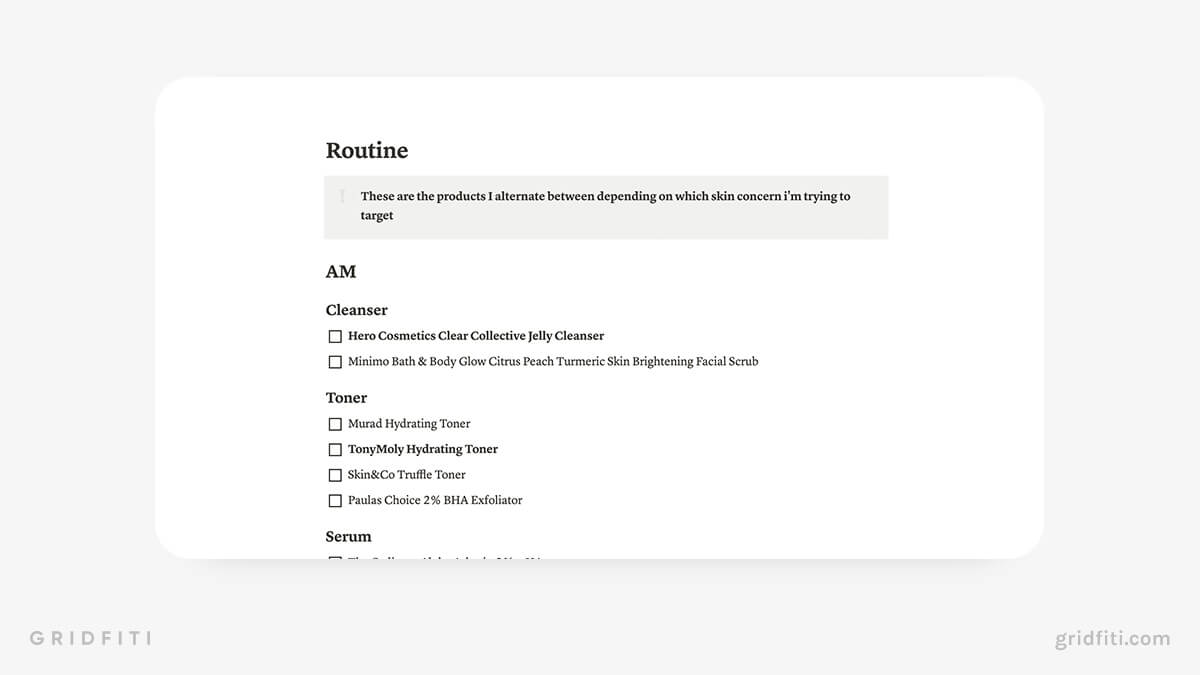 Notion Skincare Checklist