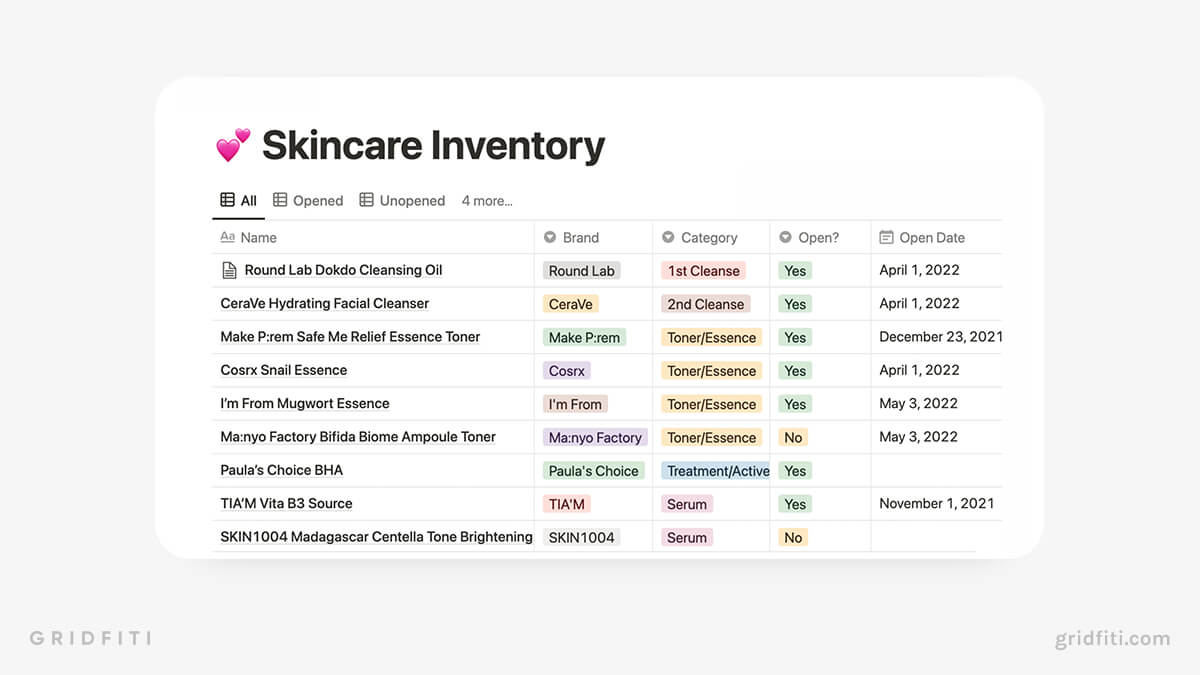 Notion Skincare Inventory Template