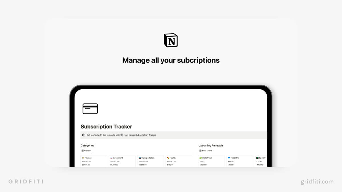 Minimalist Notion Subscription Tracker Dashboard