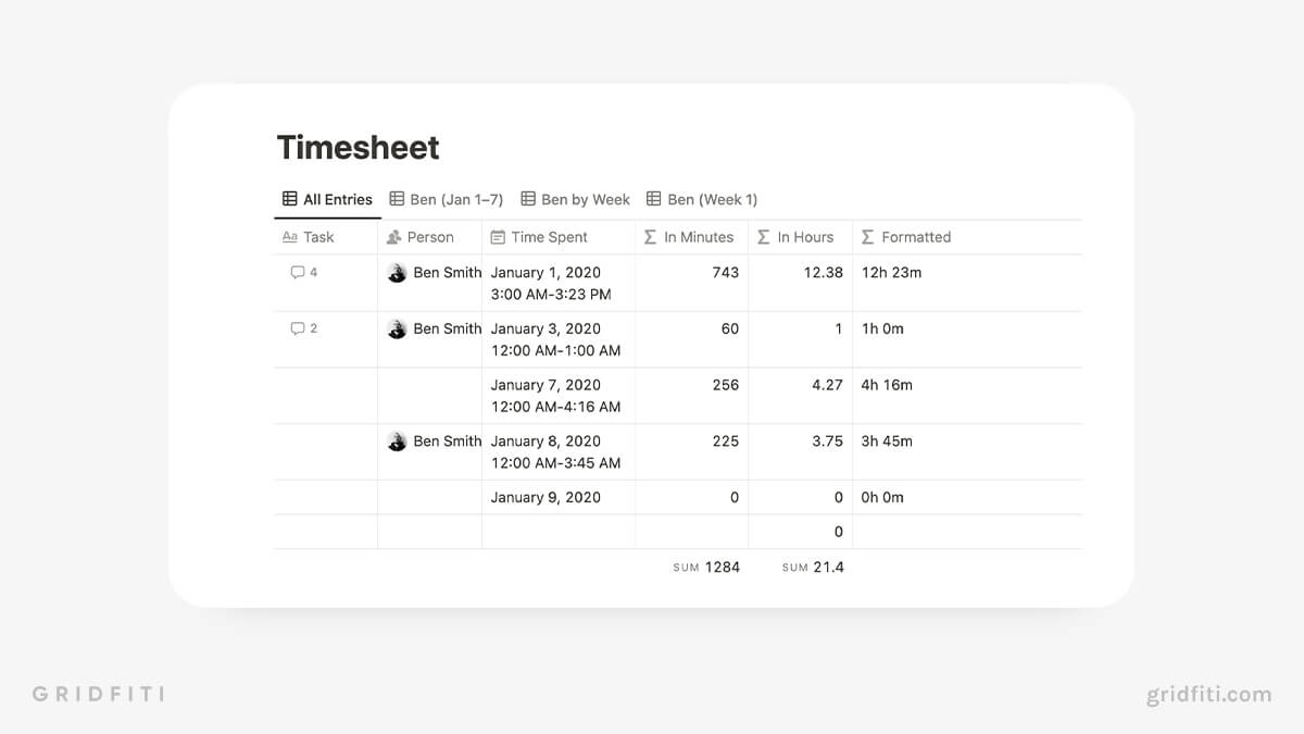 Timesheet Template for Notion