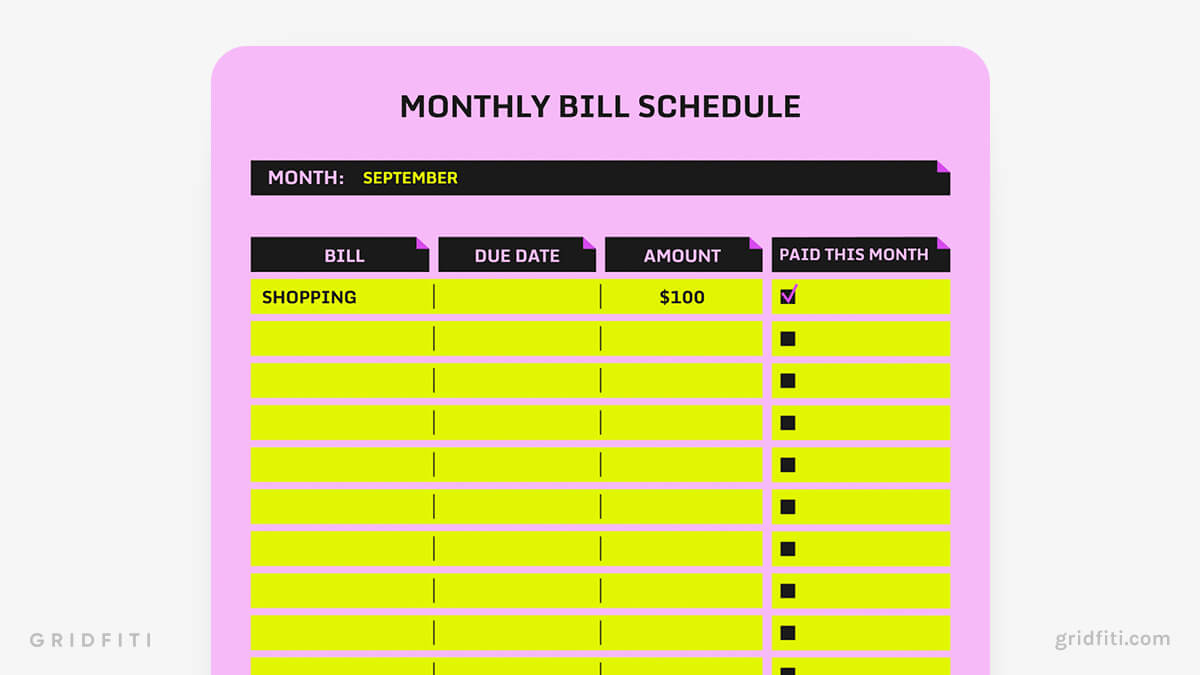 Monthly Bill Schedule Google Docs Template