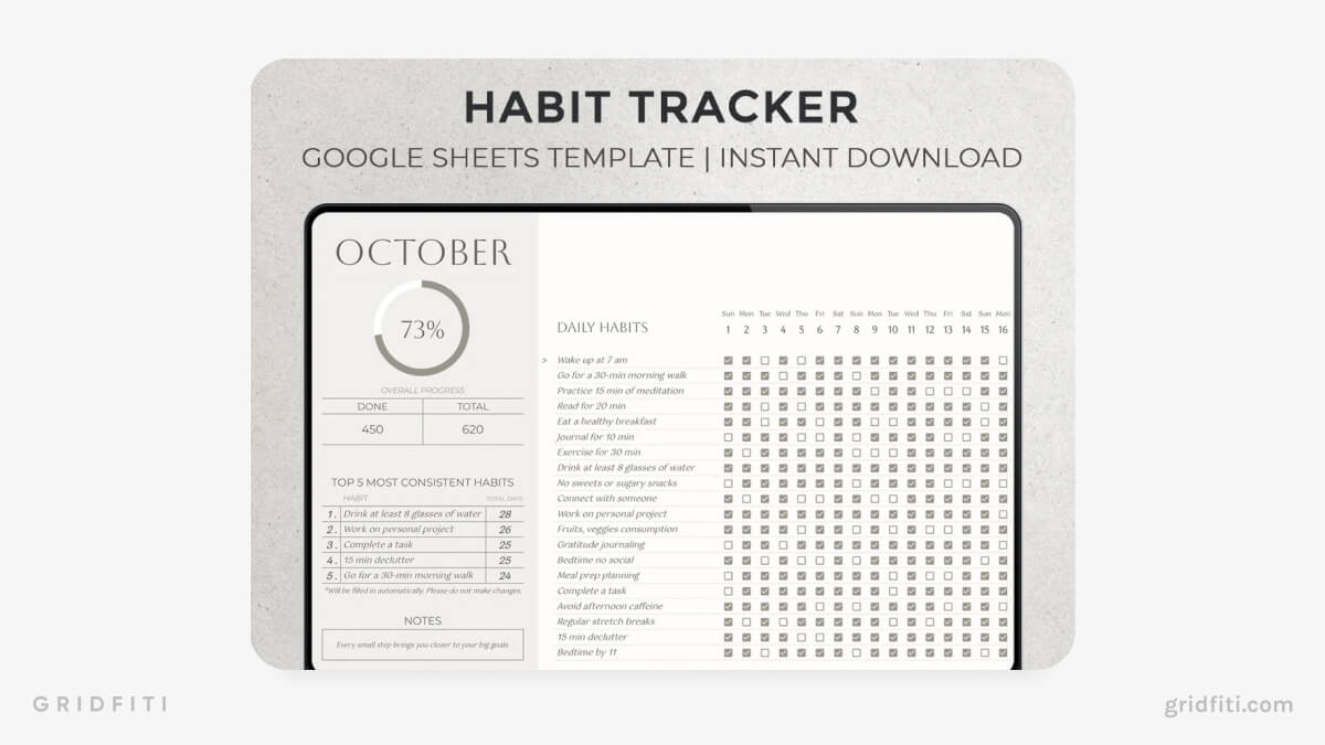Minimalist Gray Habit Tracker for Google Sheets