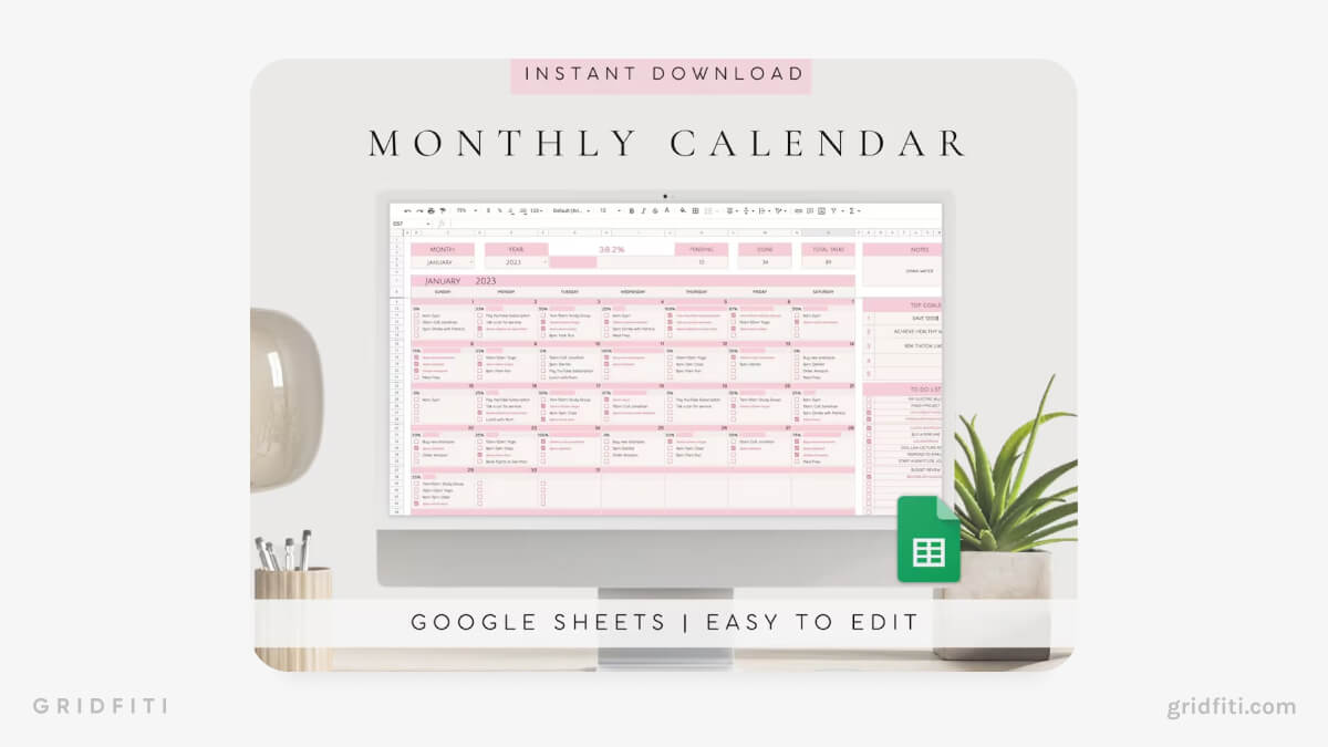 Pink Calendar Spreadsheet