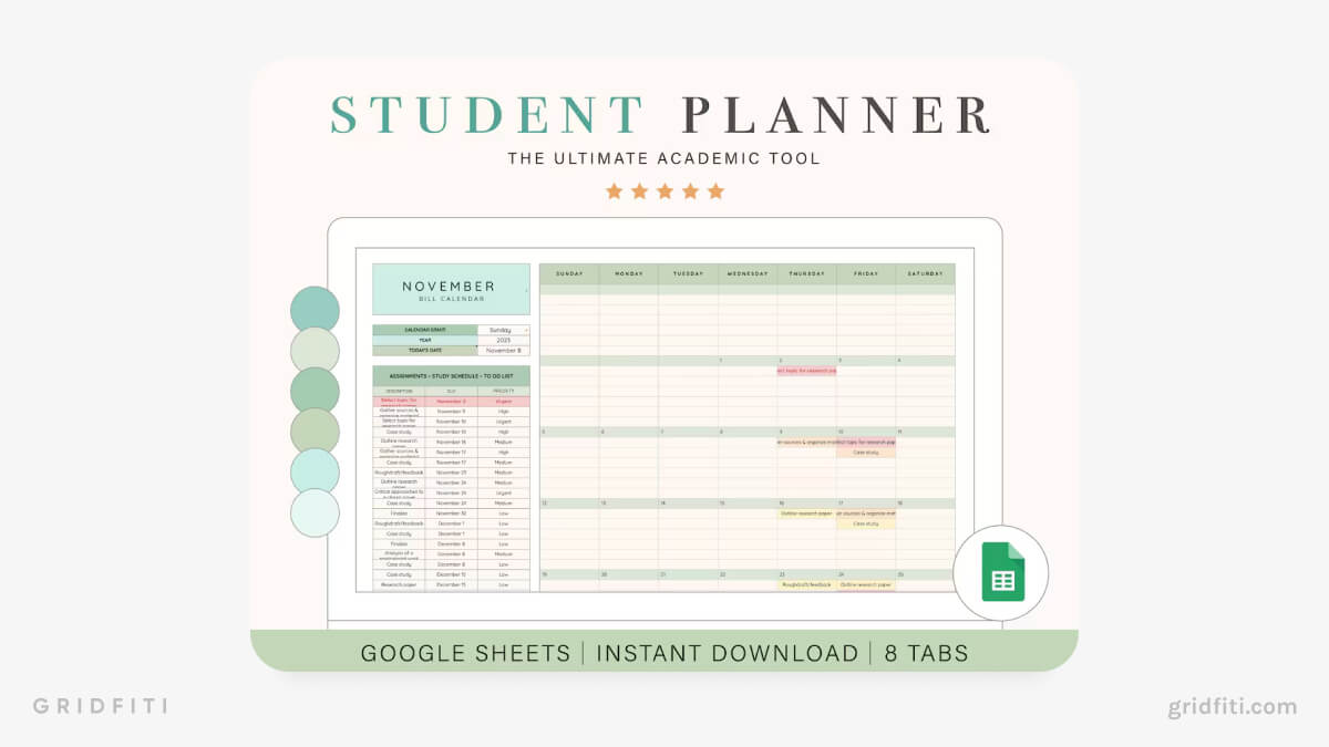 Green & Blue Student Planner Google Sheets Template