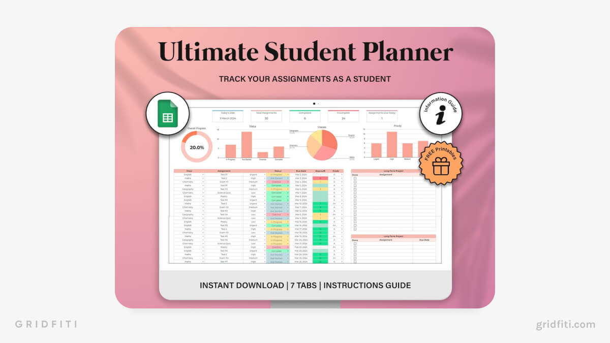 Student Planner & Assignment Tracker Spreadsheet