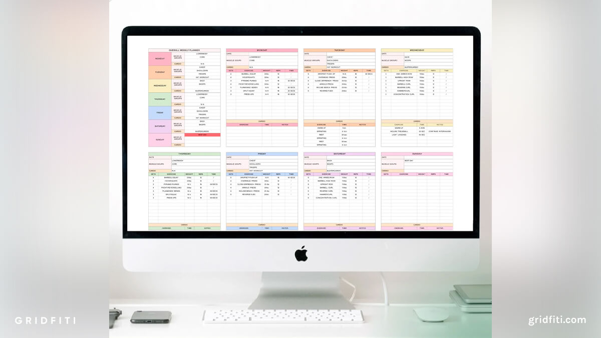 Colorful Workout Planning Spreadsheet