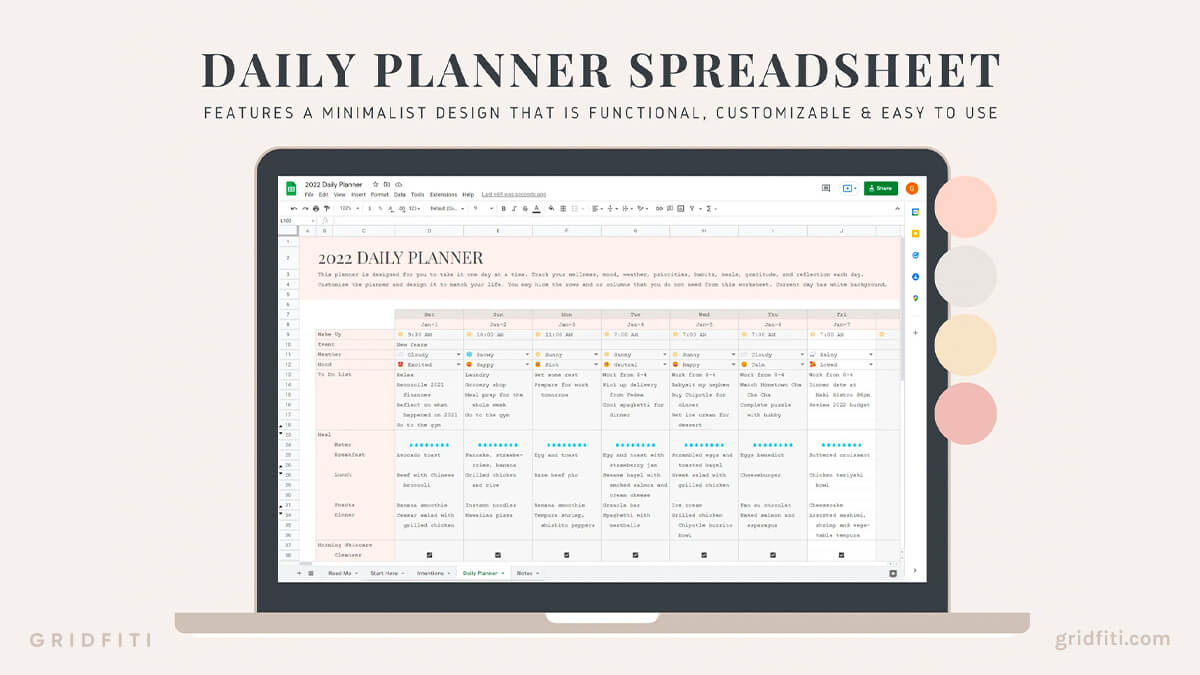 Aesthetic Wellness Tracker & Daily Planner Spreadsheet