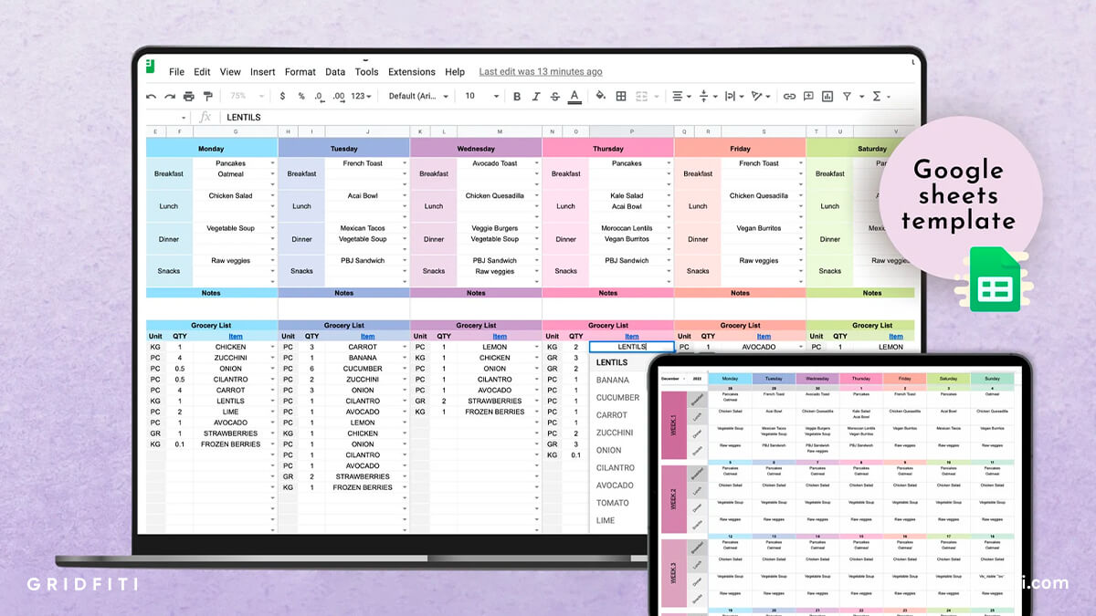 Meal Planner & Grocery List Google Sheets Template