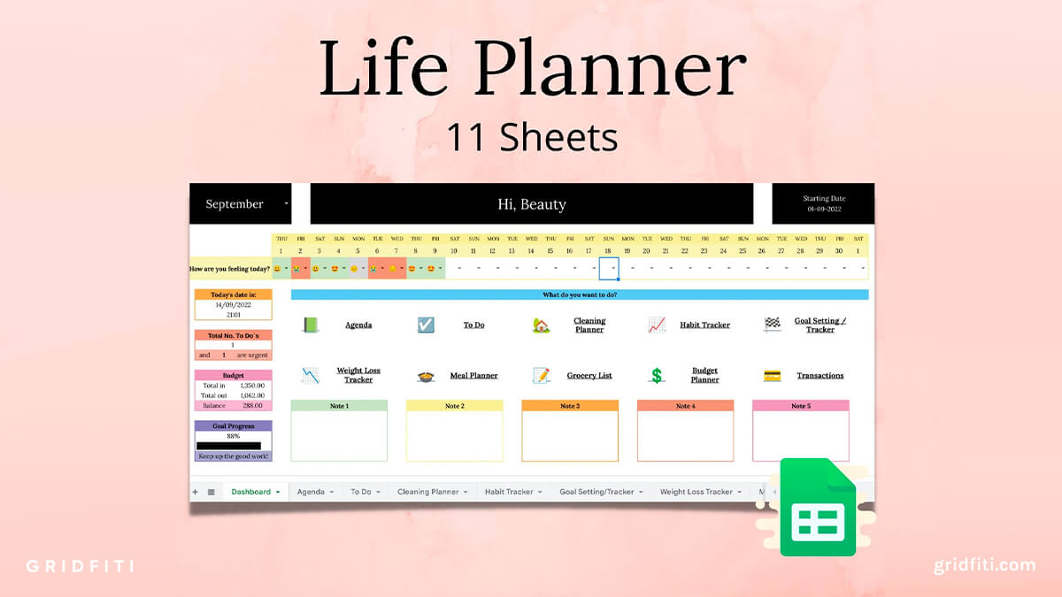 Colorful Life Planner Spreadsheet for Google Sheets