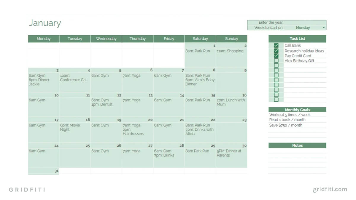 Aesthetic Green Monthly Planner Template for Google Sheets