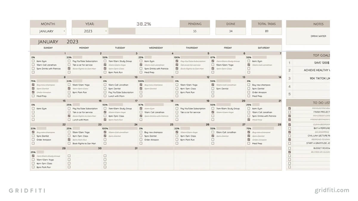 Neutral Digital Monthly Calendar Spreadsheet