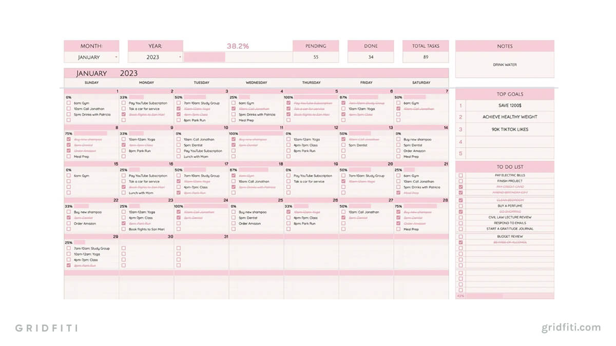 Aesthetic Pink Calendar Spreadsheet
