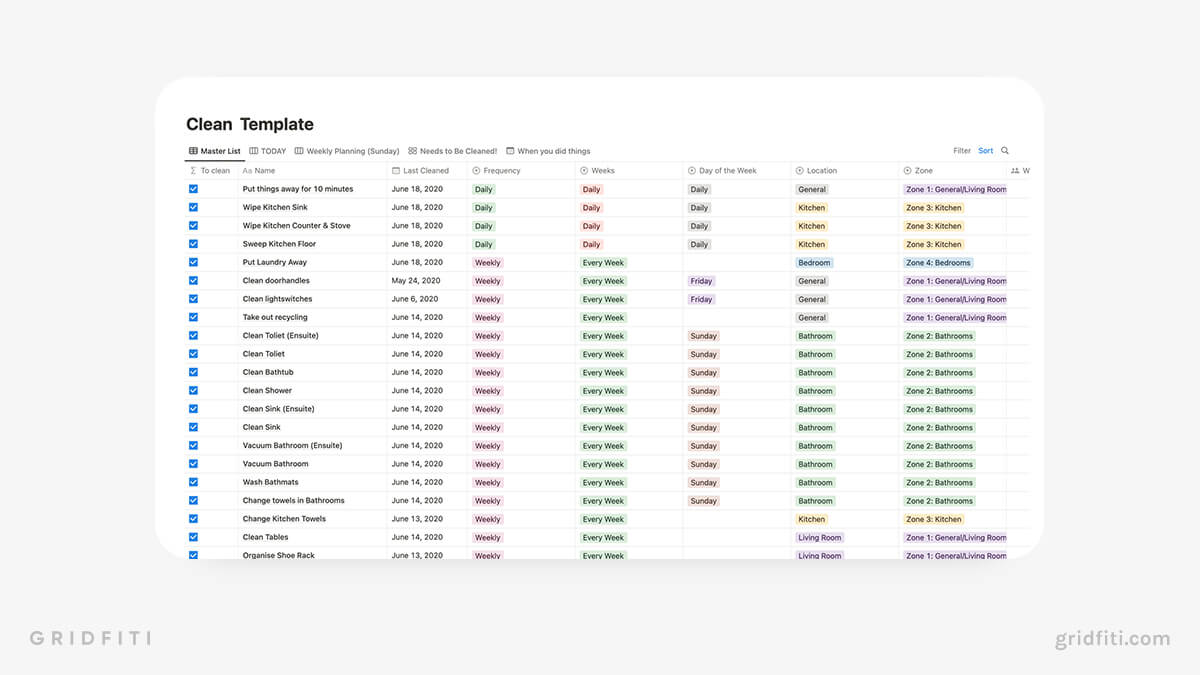 Cleaning Checklist Spreadsheet Template for Notion