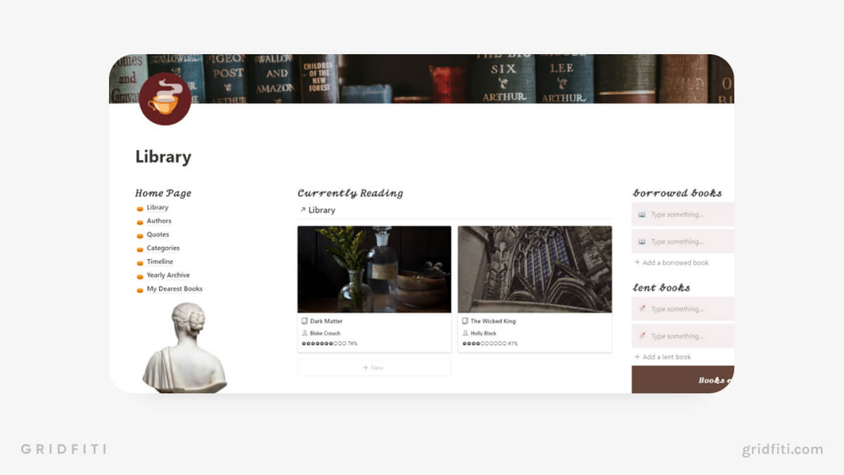 Dark Academia Library – Notion Reading Template