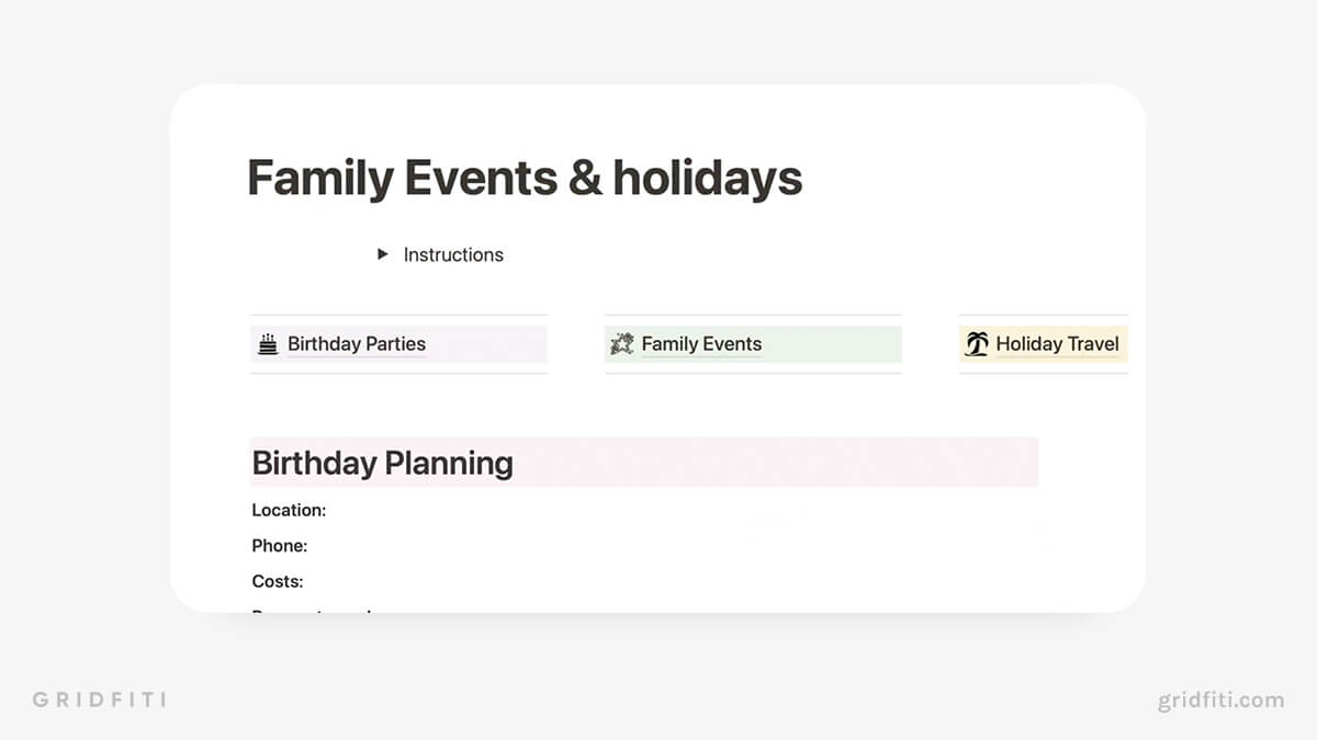 Notion Family Event Planning Template