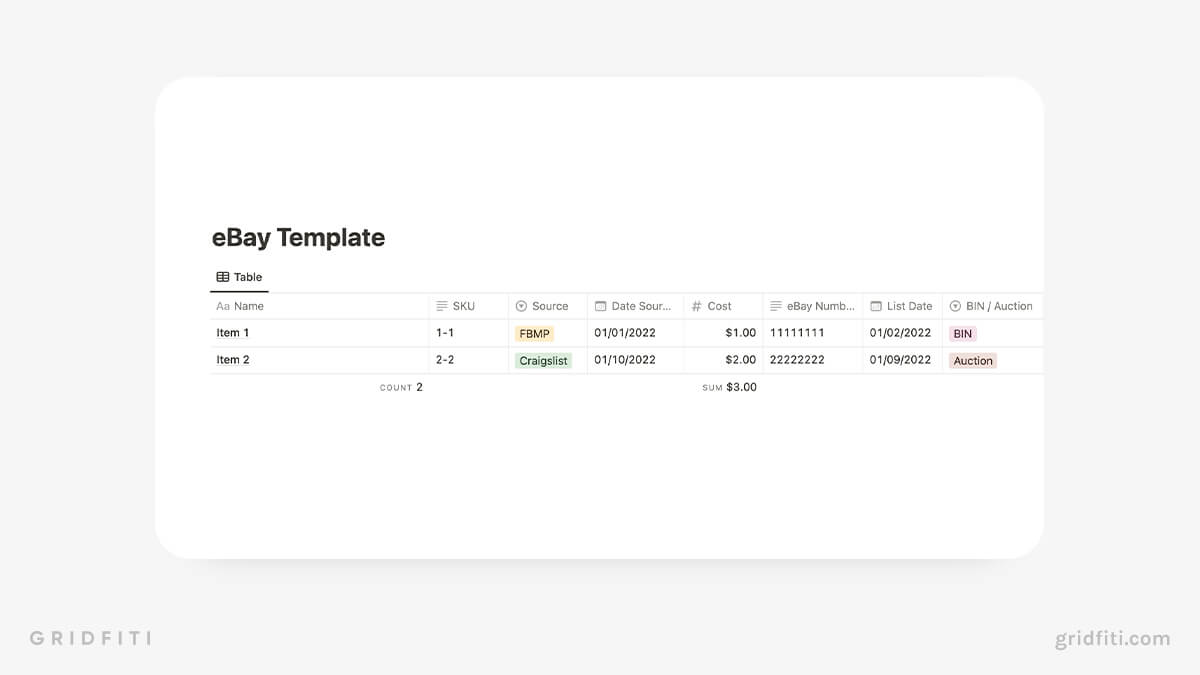 Notion eBay Seller Inventory Template