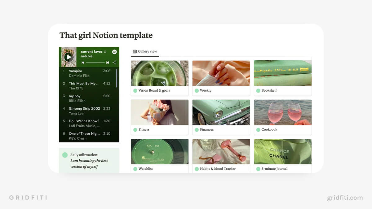 Green Aesthetic That Girl Notion Template
