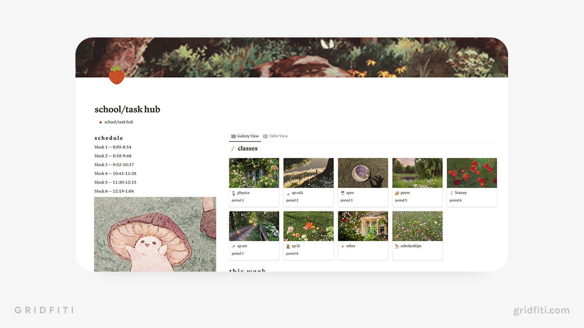 Cottagecore-Themed School Notion Dashboard