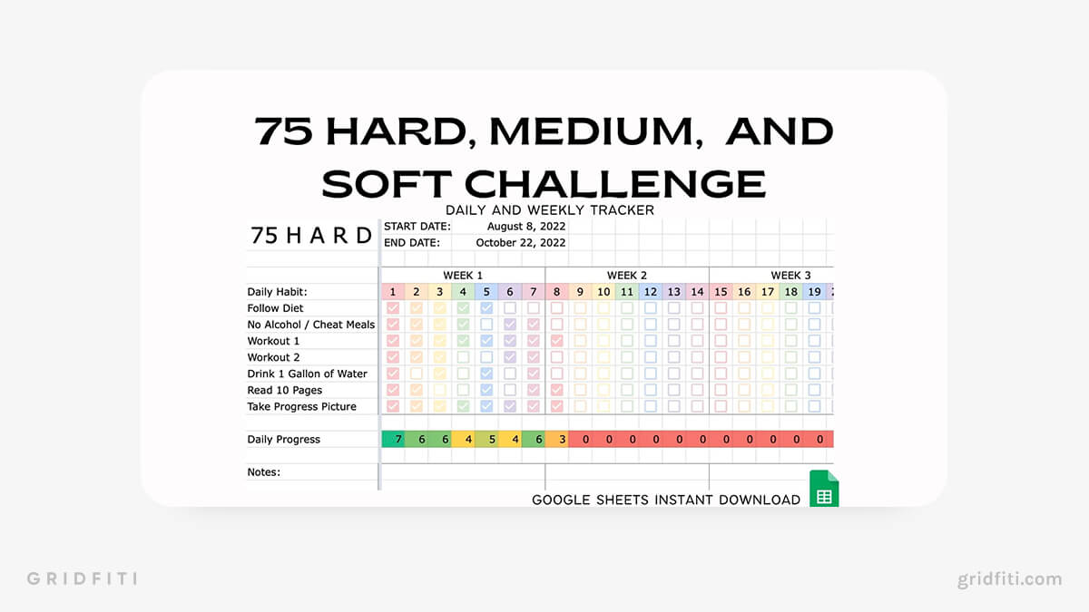 Colorful Google Sheets 75 Hard, Medium, and Soft Challenge