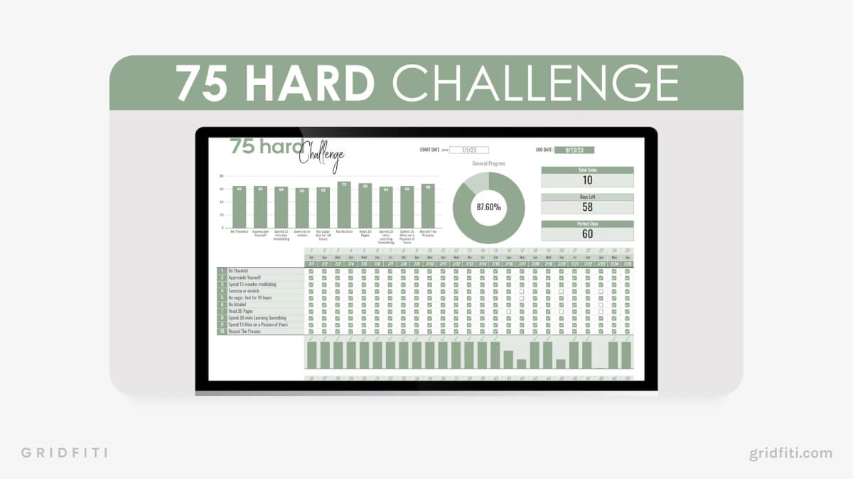 Aesthetic 75 Hard Challenge Tracker Google Sheets Template
