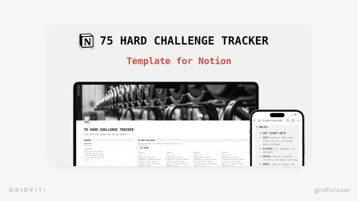 Minimalist 75 Hard Challenge Tracker Notion Template