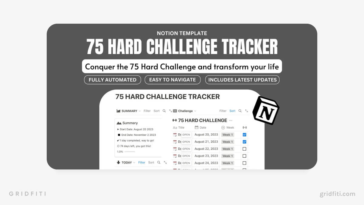 75 Hard Challenge Tracking Notion Dashboard Template Planner