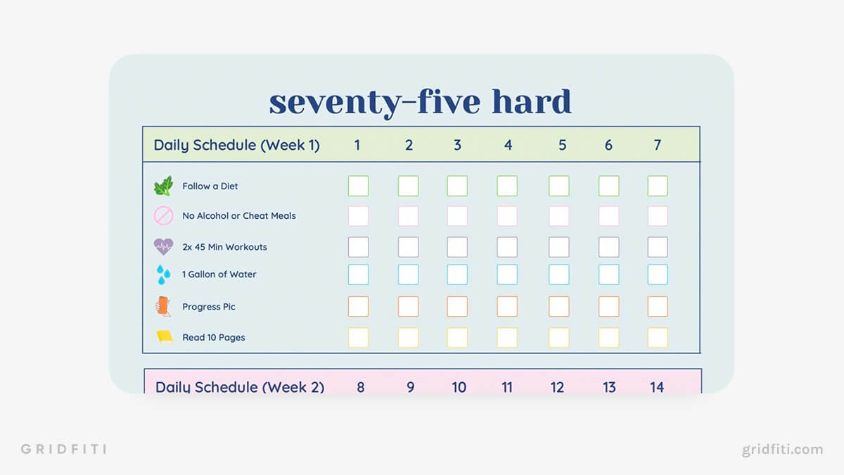 The Best 75 Hard Challenge Templates Digital & Printable PDFs Gridfiti