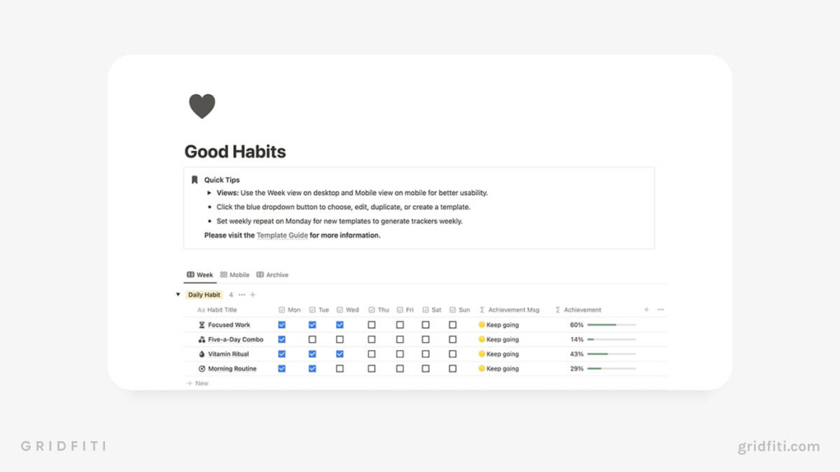 Free Notion Weekly Habit Tracker