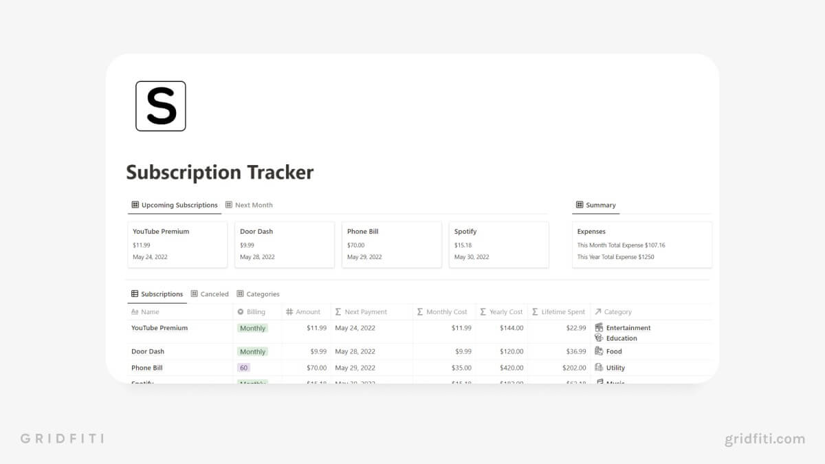 Free Notion Subscription Tracker Template