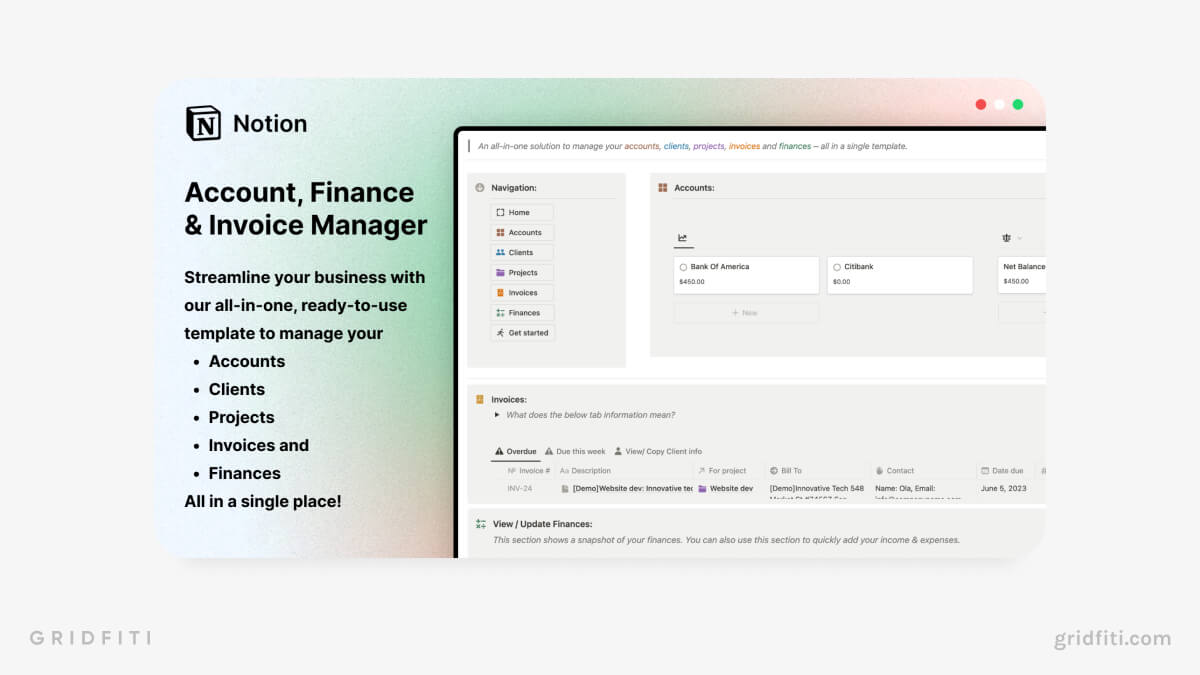 Account, Finance & Invoice Manager for Notion