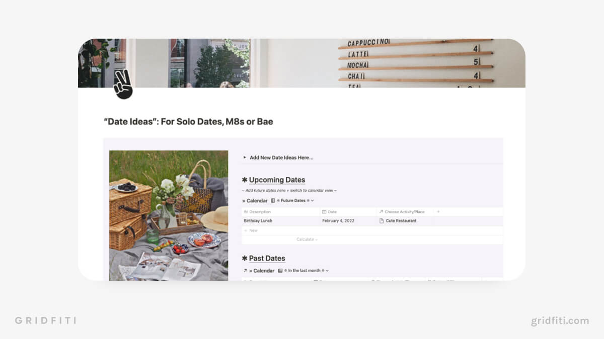 Aesthetic Notion Date Ideas Planner & Dashboard