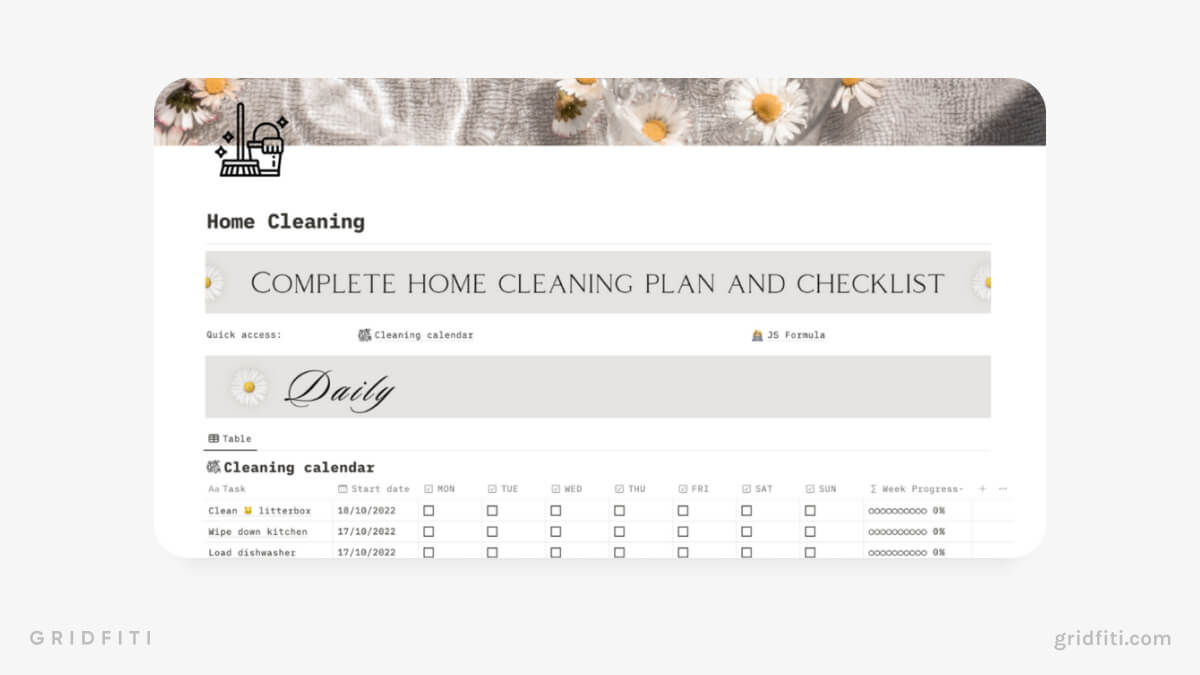 Notion Home Cleaning Plan & Checklist