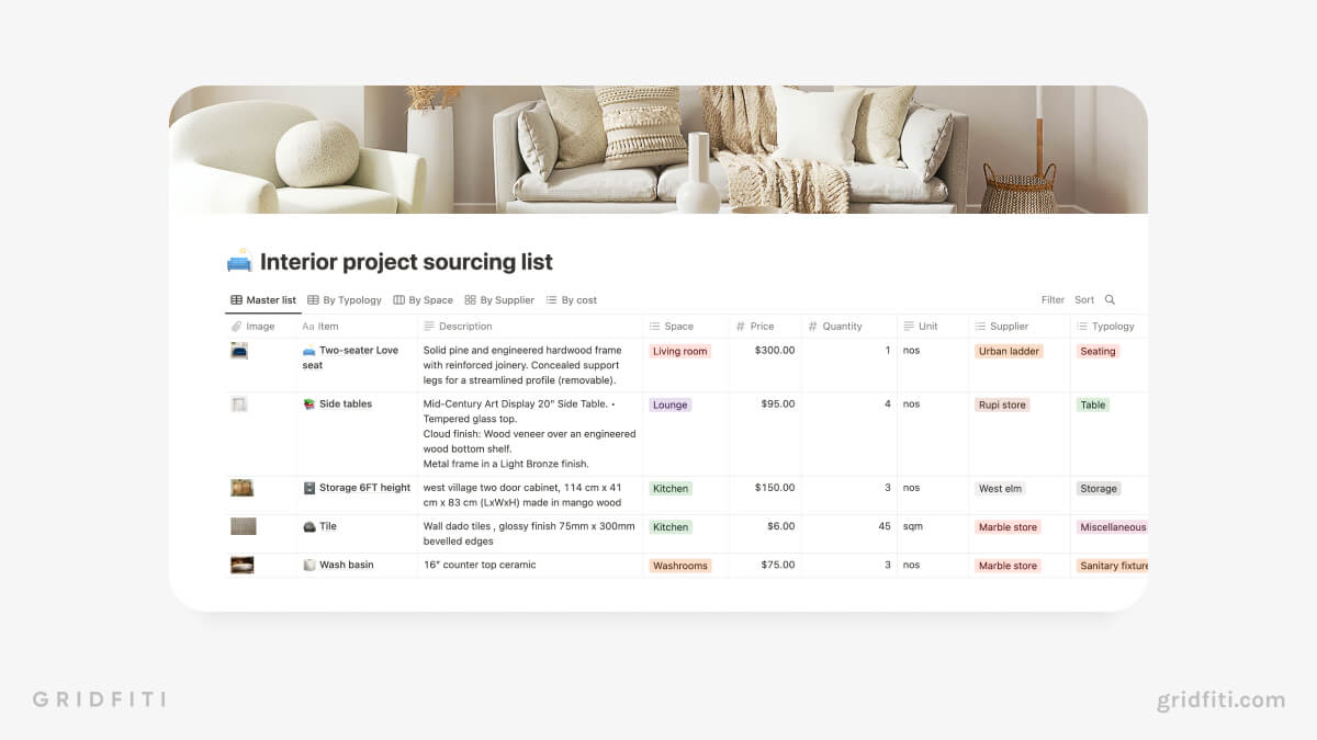 Notion Interior Project Sourcing List