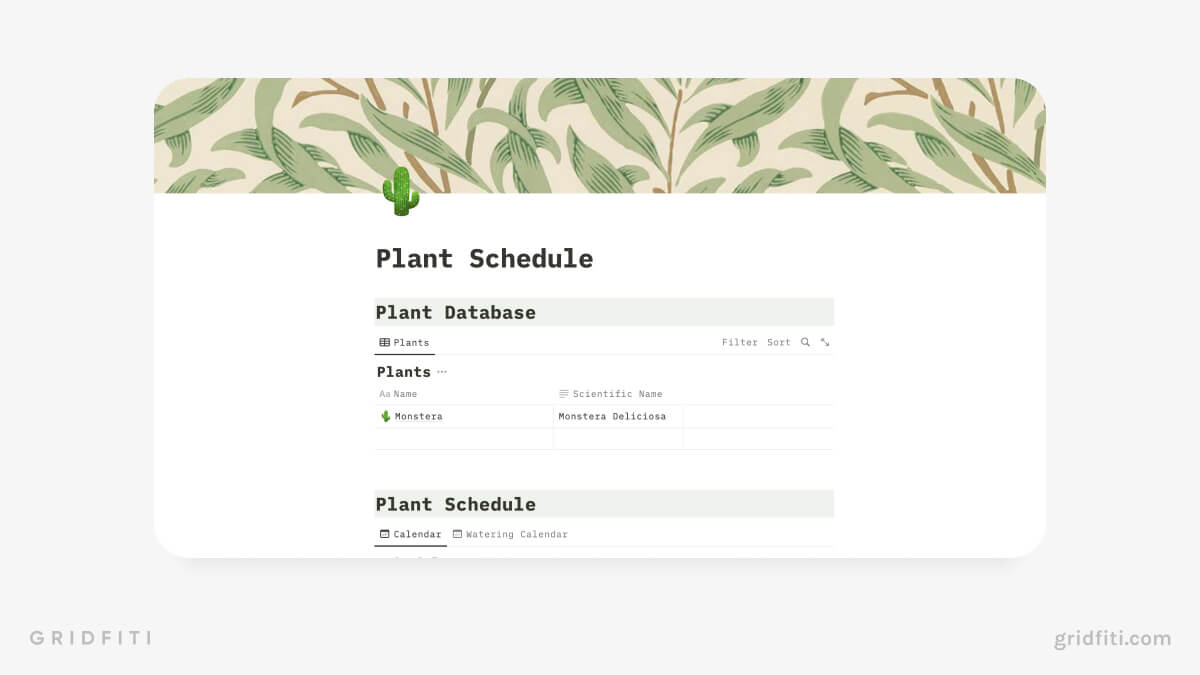 Simple Notion Plant Care Schedule