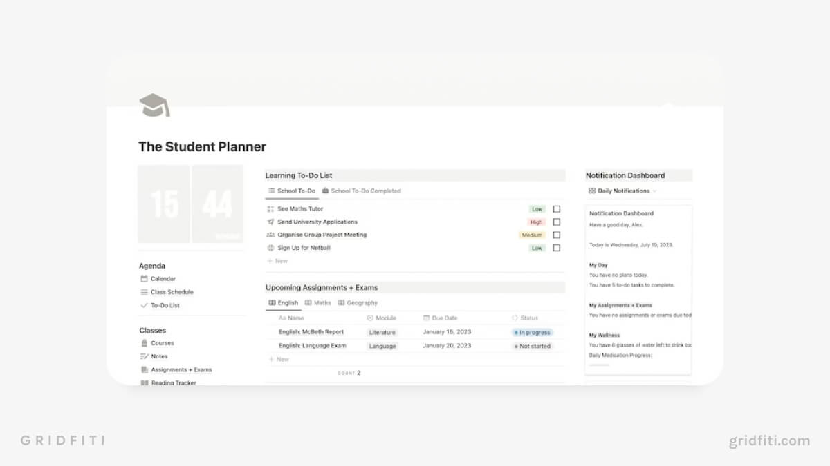Notion Academic Planner with Exam & Assignment Manager