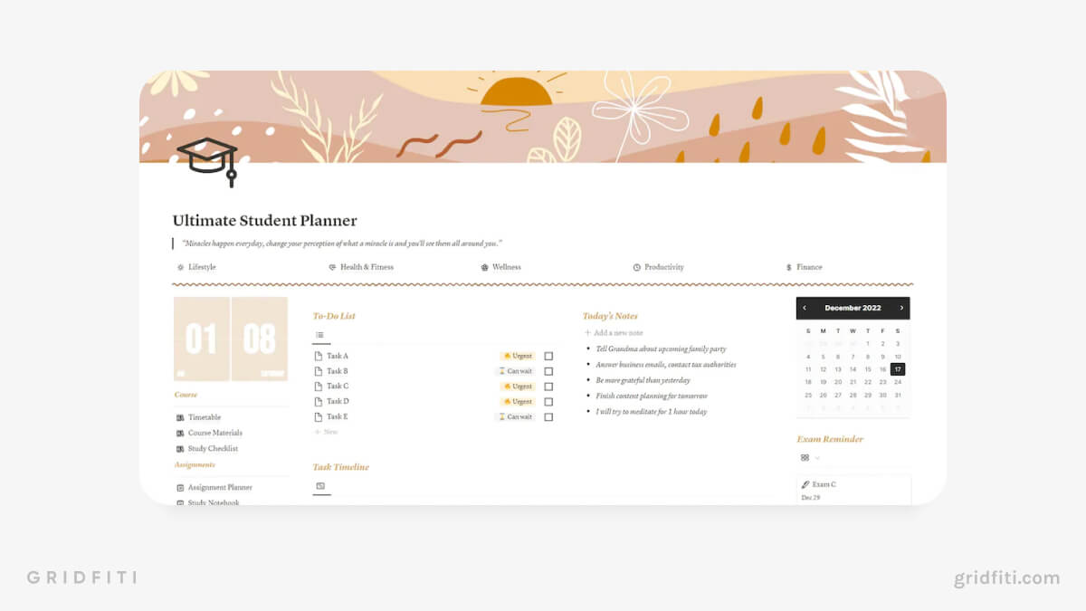 Student Notion Dashboard with Exam & Assignment Planner