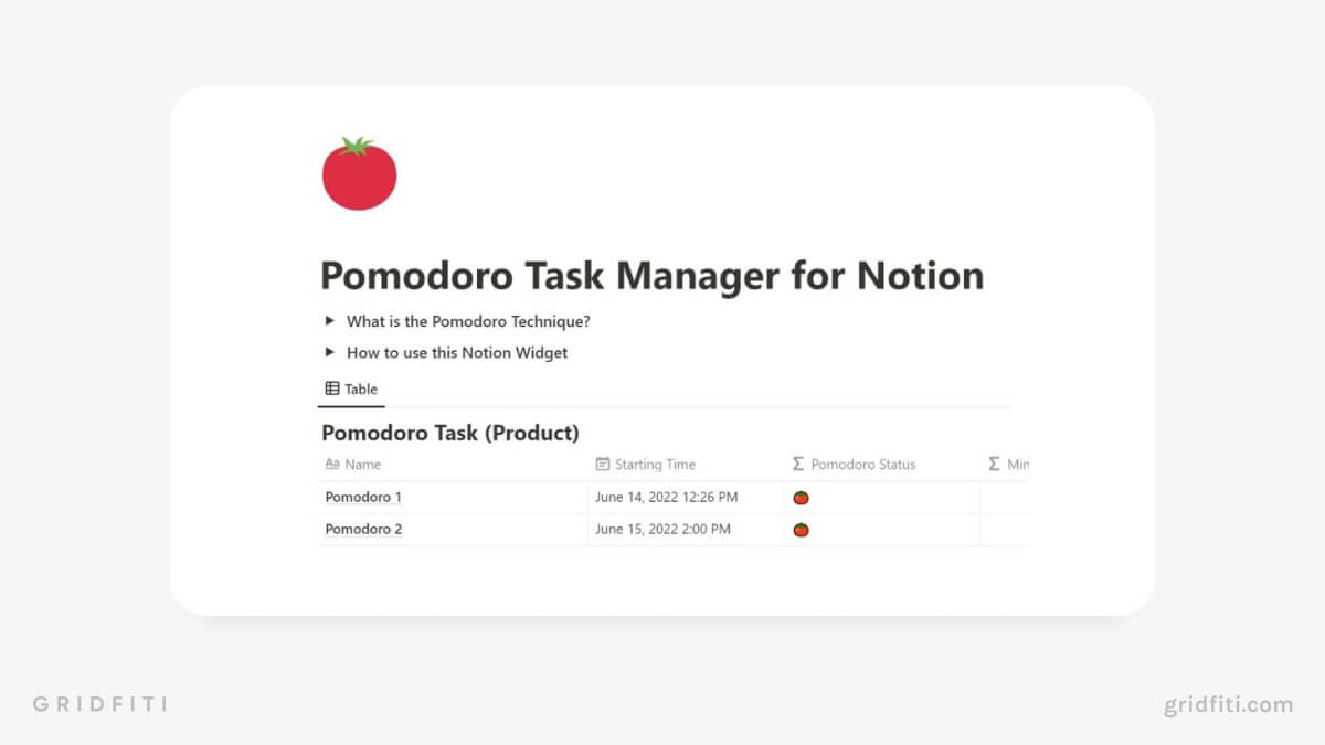 Pomodoro Task Manager Template for Notion