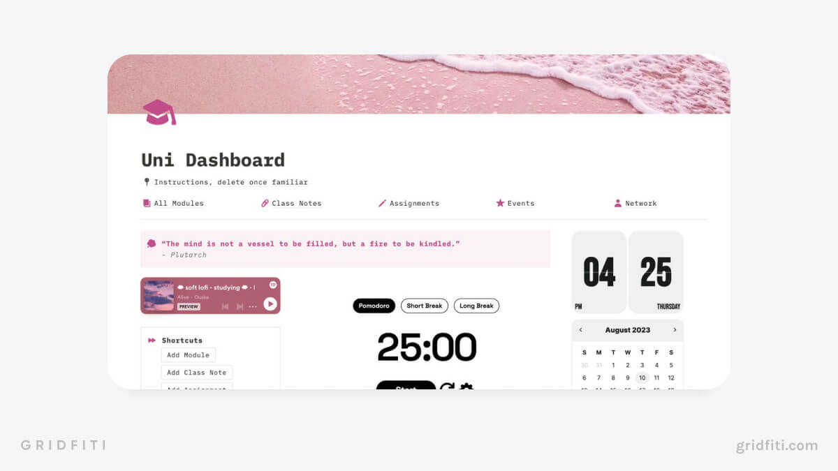 Pink Uni Dashboard with Pomodoro Widget