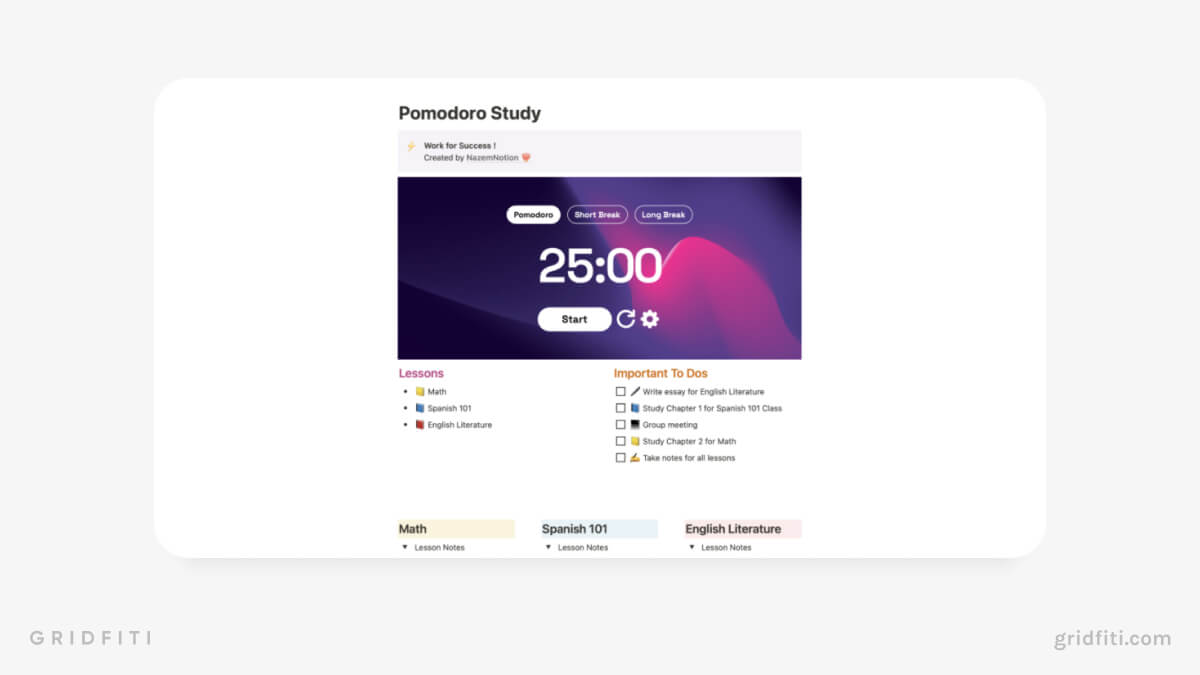 Pomodoro Notion Study Template