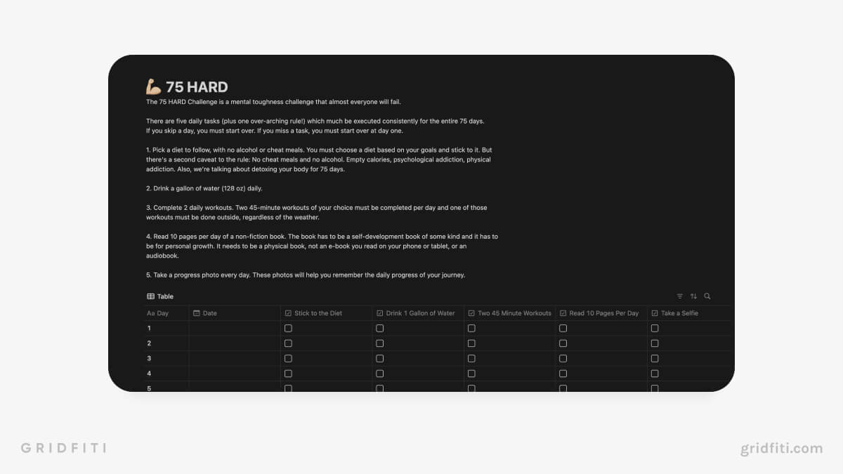 Simple 75 Hard Notion Table Template