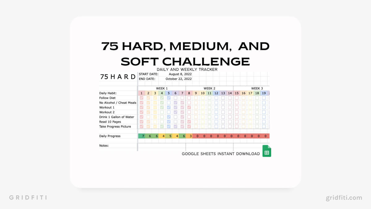 75 Hard, Medium & Soft Challenge Trackers