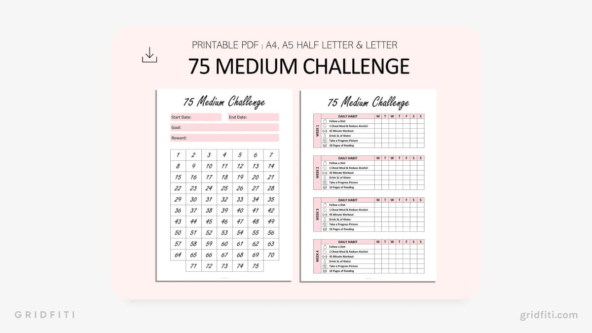 Pink 75 Medium Challenge Tracker Template